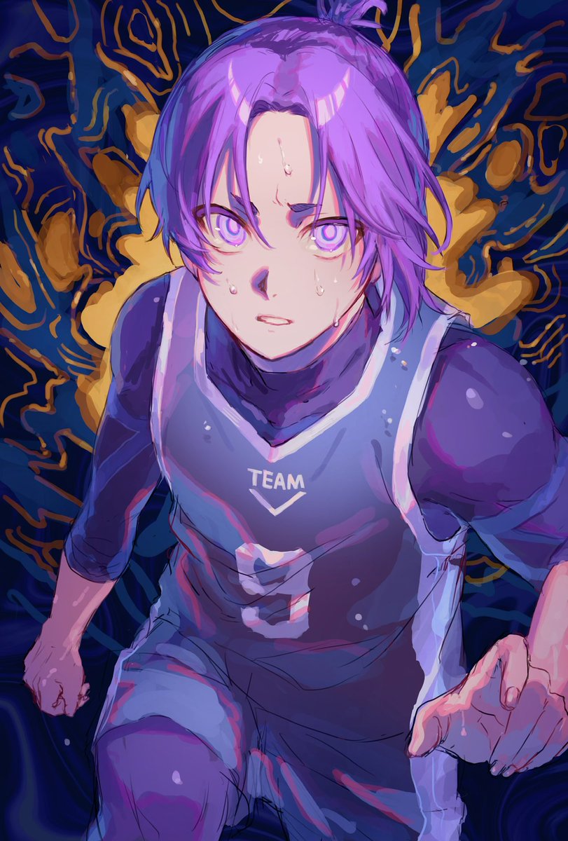sportswear purple hair solo purple eyes sweat shorts 1boy  illustration images