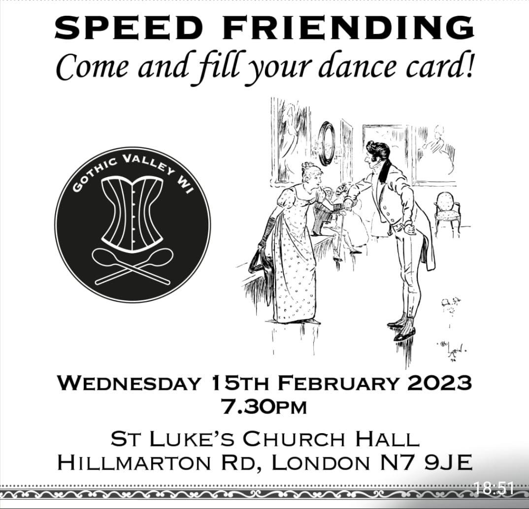 GothicValleyWI's tweet photo. 5 more days util our speed friending event! Join us at our alternative Valentine's Day February meeting for connections &amp; cake! There will be dance cards &amp; lots of good vibes. See our website for details. https://t.co/PbSnSHreyQ
#speedfriending #GVWI #Antivaleninesday https://t.co/KWSDcR25vp