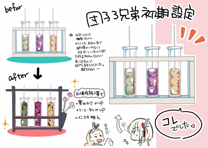 リコリコメニューのちょっとした裏話です。 実は全く違う入れ物だった団子三兄弟。  初期の頃、個人的に納得いかなかったので、対比等リテイクで戻ってきたときは運命を感じ、監督に怒られるかもと思いつつも勝手にまるごとデザインを変えてしまったのです。 皆さんには色々申し訳なかったです🙏