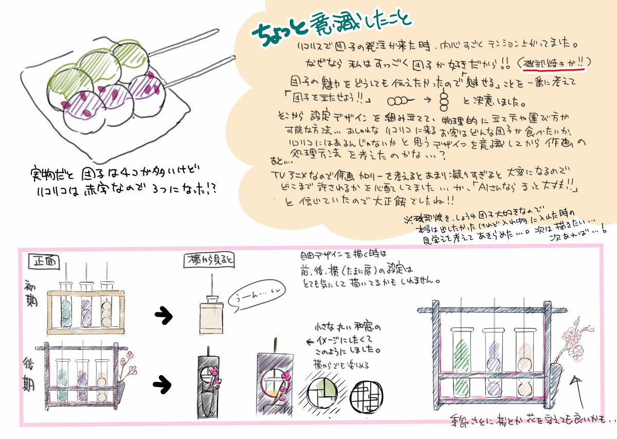 リコリコメニューのちょっとした裏話です。 実は全く違う入れ物だった団子三兄弟。  初期の頃、個人的に納得いかなかったので、対比等リテイクで戻ってきたときは運命を感じ、監督に怒られるかもと思いつつも勝手にまるごとデザインを変えてしまったのです。 皆さんには色々申し訳なかったです🙏