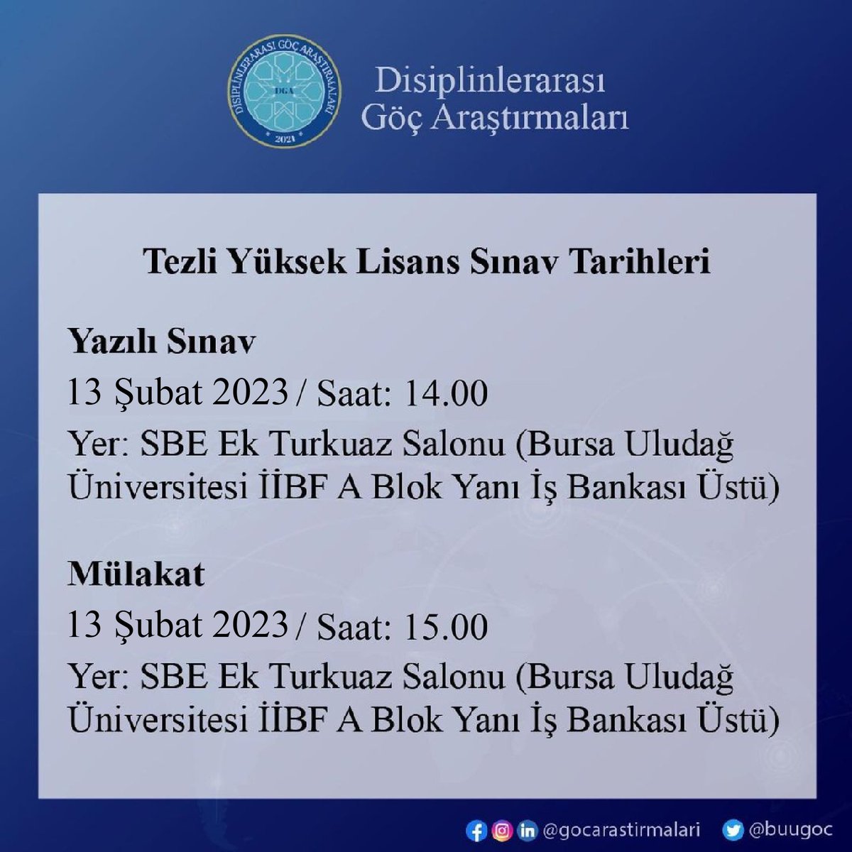 Bursa Uludağ Üniversitesi Sosyal Bilimler Enstitüsü Disiplinlerarası Göç Araştırmaları Ana Bilim Dalı Tezli Yüksek Lisans Programı Bahar Yarıyılı Sınav Tarihleri

📌Ana Bilim Dalı Mail Adresi: uludaggocarastirmalari@gmail.com

#uludağüniversitesi #buü #dga #göçaraştırmaları