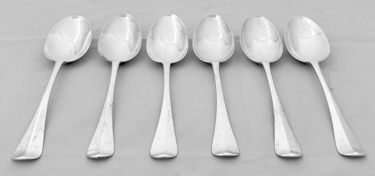 BassetlawA's tweet image. A George I / II set of six silver tablespoons. Hallmarked for London 1727 by Edward Hall. #silver #silverspoons #Antiques