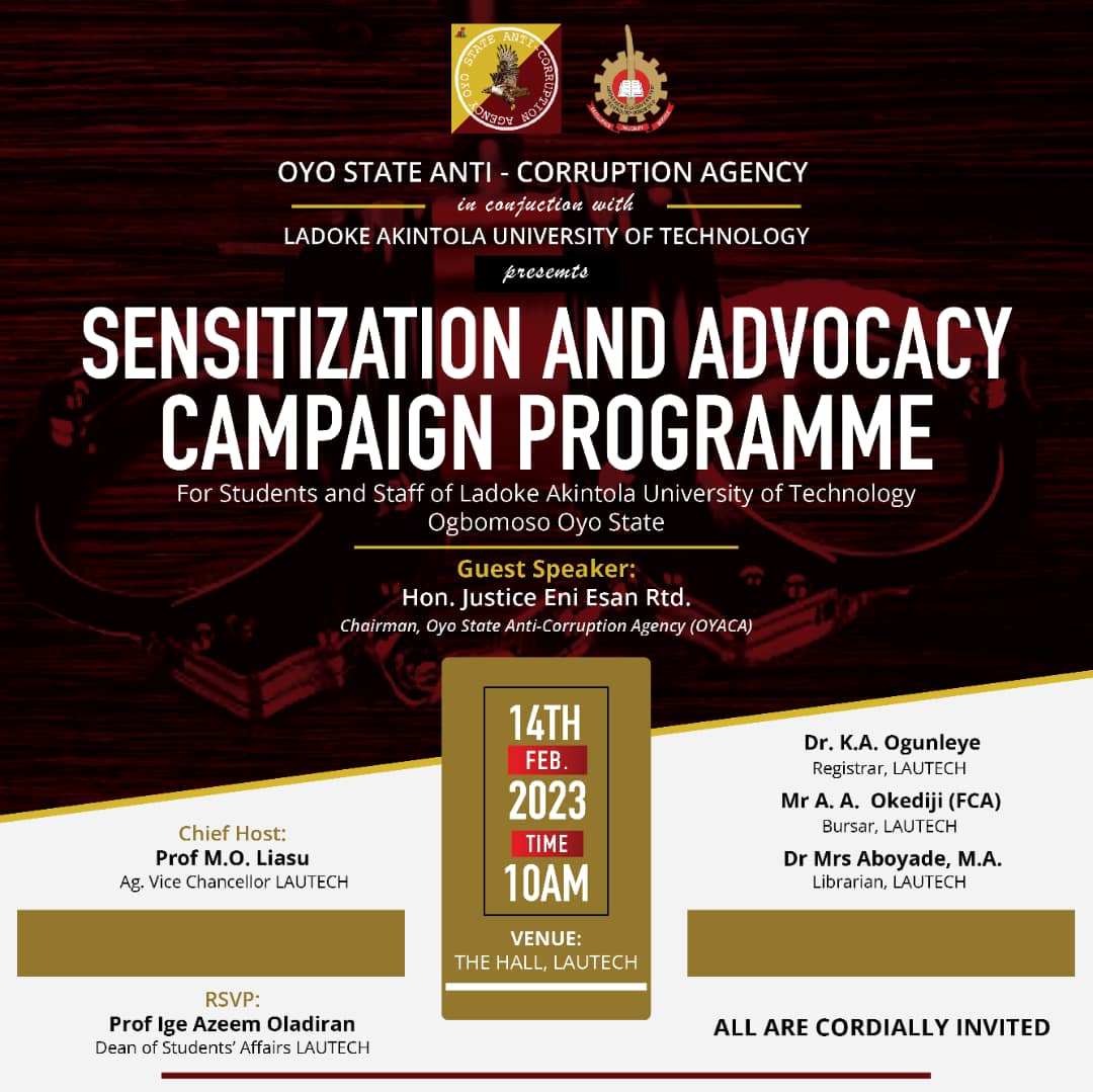 lautechofficial's tweet image. Invitation to Anticorruption Sensitization Programme
#lautech #corruption #sensitization