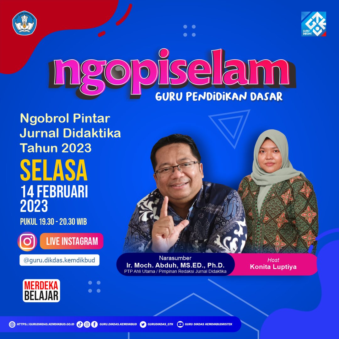guru_dikdas's tweet photo. Hallo #sahabatgurudikdas
Ngopi Selam Episode 1
Selasa, 14 Februari 2023, pukul 19.30 s.d. 20.30 WIB
Live IG @guru.dikdas.kemdikbud
#jurnaldidaktika
#sahabatgurudikdas
#ngopiselam https://t.co/p7NYGOzMqw