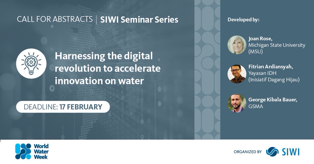 📣 Call for abstracts
Would you like to present in the SIWI Seminar 'Harnessing the digital revolution to accelerate innovation on water' at #WWWeek 2023?
⌛ Don't forget to submit your abstract by the 17th of February using the following link
worldwaterweek.org/programme-2023…
