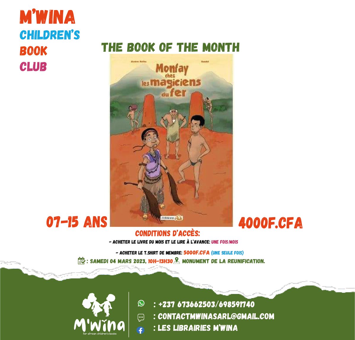 Nadine_Mek's tweet photo. Bonjour chers parents. Nous relançons le #Mwina_Childrens_Book_Club le 04 mars prochain pour les enfants de 07 à 15 ans.
Inscrivez votre enfant au https://t.co/79gXe1LqUI
Register your Child now: https://t.co/DS3XRT5U5B
#Mwina
#Forafricanchildrensbooks https://t.co/tTyODYzPkH