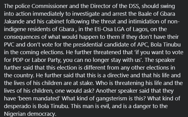lifeissues_11's tweet photo. Baale of Gbara Jakande and his cabinet threaten and intimidate non-indigenous residents of Gbara , in the Eti-Osa LGA of Lagos. Alleged that his life is in danger if they do not vote for Tinubu.
#Ngpolice https://t.co/qdkGOaxYPz