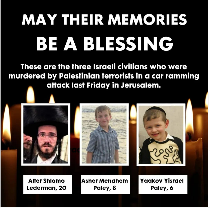 ZvikaKlein's tweet photo. Three Israelis were murdered last Friday only because they were Israelis. Only because they were Jews.

The murder of innocent civilians, of two little brothers, can never be justified.

These are their names. https://t.co/76U0yjfQL8