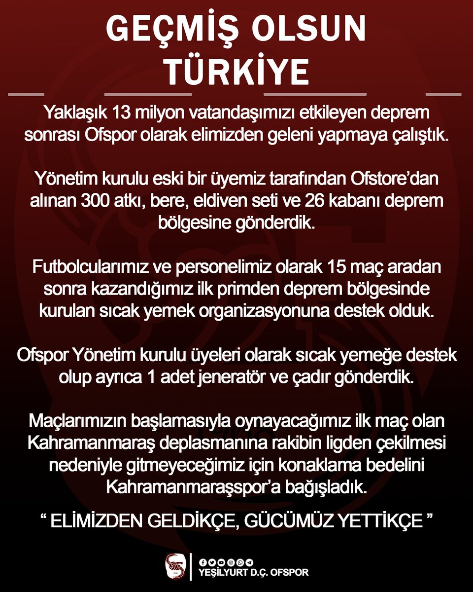 Yaklaşık 13 milyon vatandaşımızı etkileyen deprem sonrası Ofspor olarak elimizden geleni yapmaya çalıştık. #geçmişolsuntürkiye