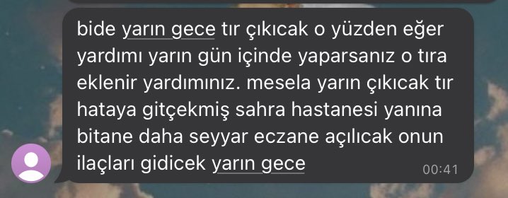 eczaci arkadasimizla iletisime gecmistik biliyosunuz ki, bu gece tir yola cikicak. hatay sahra eczanesinin yanina seyyar eczane acilacak. bu konuda ilac icin destek olmak isteyen olursa mens birakabilir🙏🏻