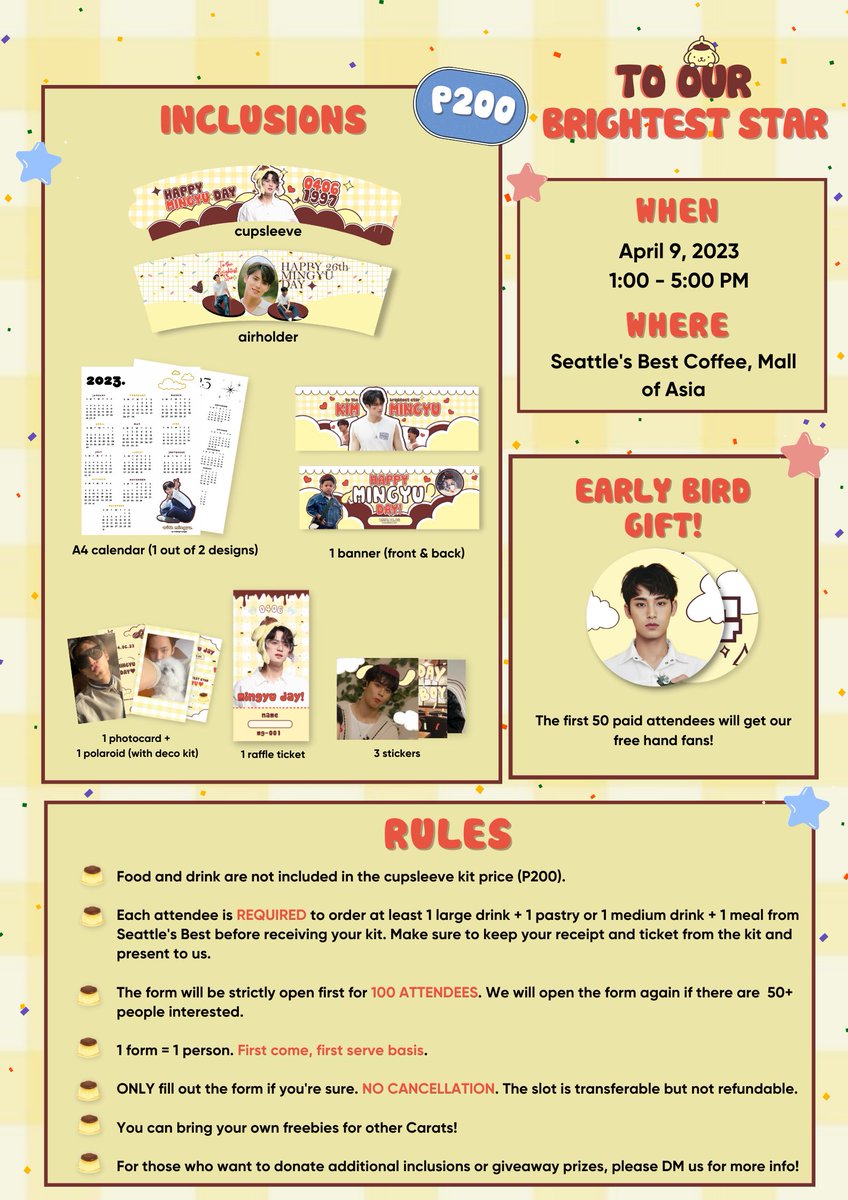 thebrightestgyu's tweet photo. ✧ to our brightest star: A Mingyu Birthday Cupsleeve Event ✧ 

📍 Seattle's Best Coffee, MOA
🗓️ April 9, 2023
🕒 1:00pm - 5:00pm

Registration starts on Feb 13, 2023, 7pm! 

More details will be posted soon so turn on our notifs so you won't miss out! 💛

#LetsGYUOut https://t.co/bbWYauGR14