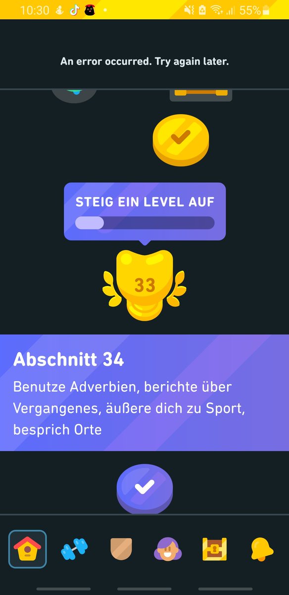 JanSolter's tweet photo. @duolingo So i've had this issue for 4 or 5 months now. For some reason I cant finish my Spanish Course in German because the King Level just won't stop giving me an error in section 33. Its happening on all other devices too and a fresh install also didnt help. Can you help me? https://t.co/azf64D9ka6