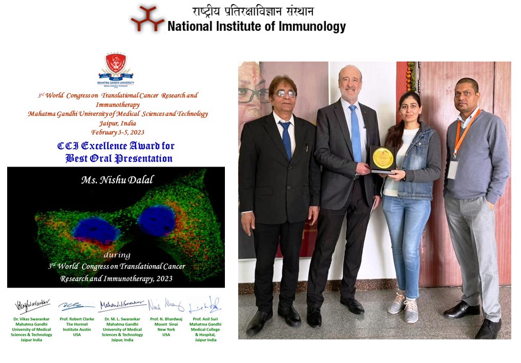 Congratulations to Nishu Dalal @Nishu13666173 @NImmunology @AnilKumar_NII for ‘CCI-Excellence Award for Best Oral Presentation': 3rd World Congress on Translational Cancer Research and Immunotherapy held in Jaipur, Feb 3-5, 2023 @DBTIndia @rajesh_gokhale @DrJitendraSingh