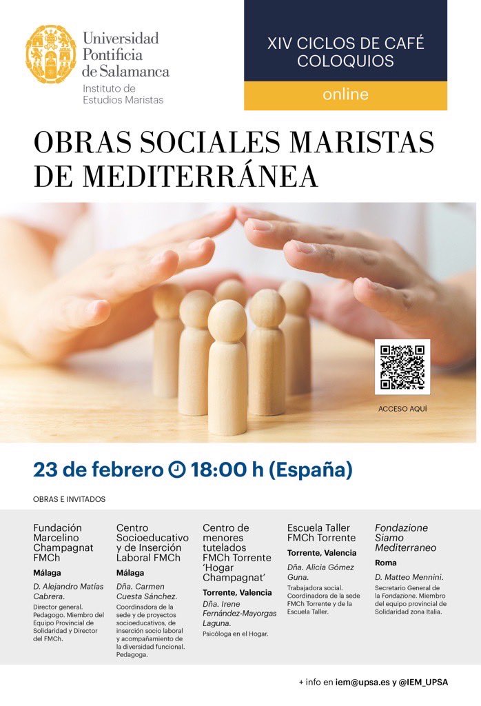 El jueves 23 de febrero a las 18:00h tendrá lugar un encuentro online, un café-coloquio online sobre las obras sociales de la Provincia. 
Un sencillo espacio en el que sentirnos familia marista y conocer de primera mano algunos proyectos de nuestra fundación Marcelino Champagnat.