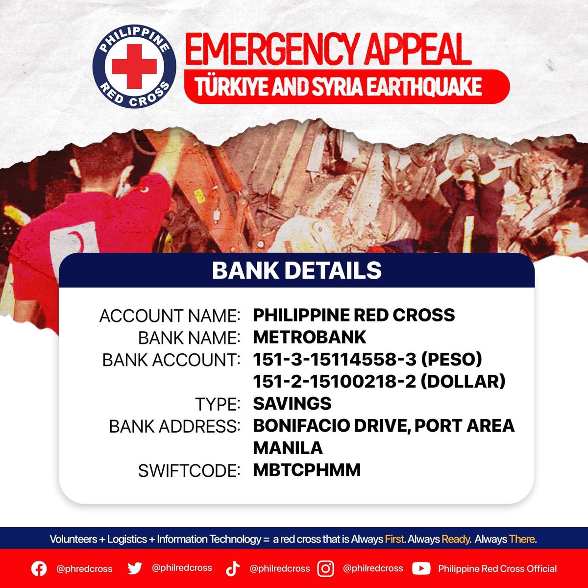 ATTENTION FILOTINYS ‼️

if you want to donate or have the means to donate PRC is accepting donations for Turkey-Syria details is on 2nd pic or you can directly go to this link: donate.redcrossredcrescent.org/ph/TSearthquak…

any amount will help a lot your ₱100 is already 35₺ 🙏🏻🙏🏻