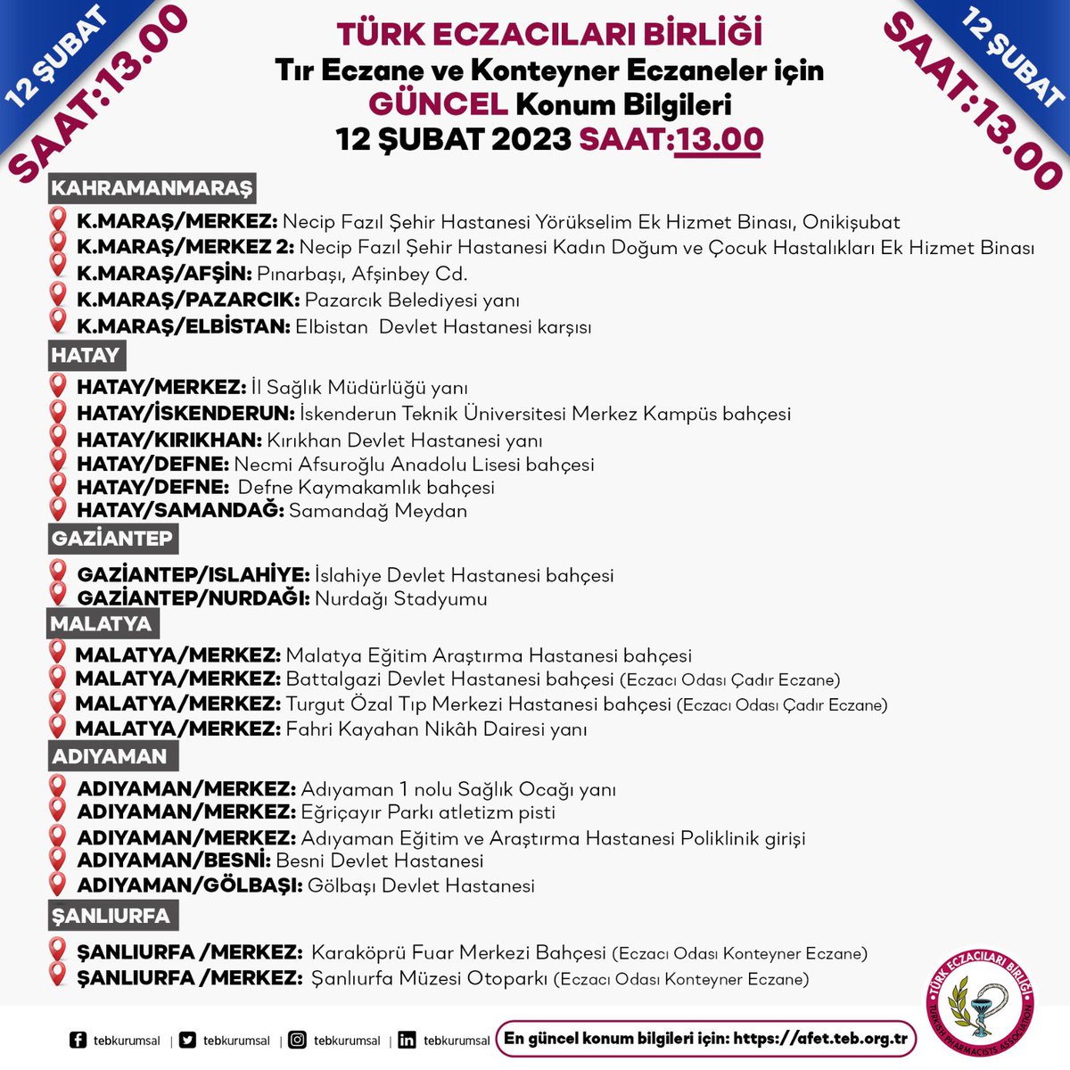 SON GÜNCELLEME:12 Şubat 
SAAT:13.00 

Depremzede vatandaşlarımızın ilaç ve tıbbi malzeme temini için,Birliğimizce bölgeye gönderilmiş olan TIR ECZANENİN ve KONTEYNER ECZANELERİN GÜNCEL KONUM bilgileri,halkımızın dikkatine saygılarımızla duyurulur.#deprem 

afet.teb.org.tr/html/afet-ecza…