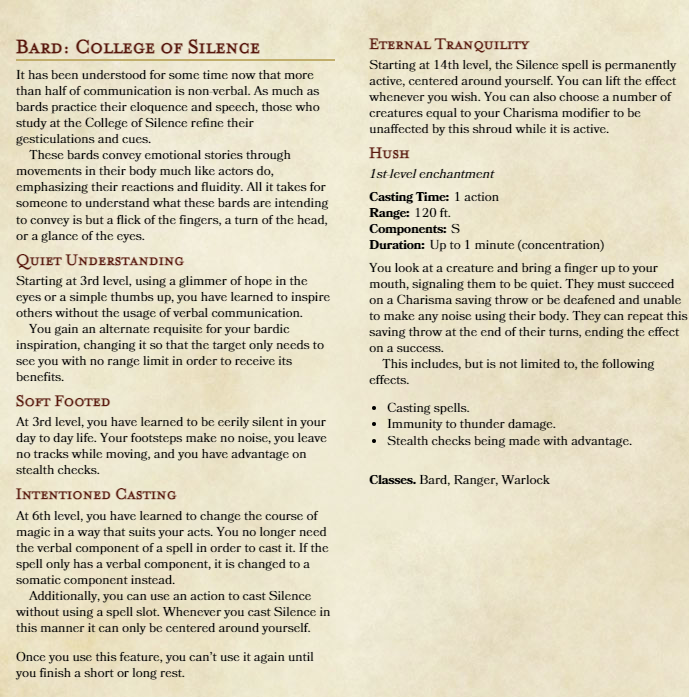 litplitty's tweet image. New Bard subclass, College of Silence, and a spell.