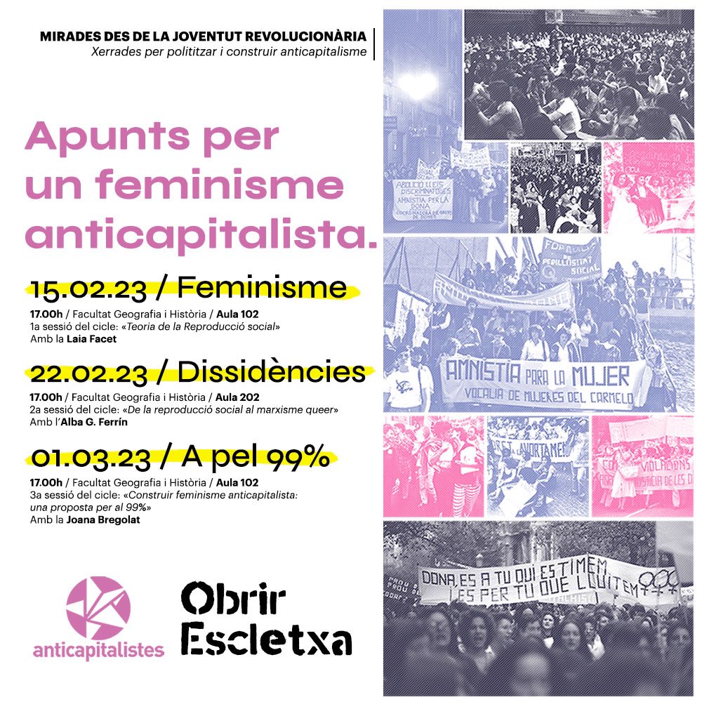 anticapiCat's tweet photo. Aquest dimecres arrenquem a la #UBRaval el cicle ‘Apunts per a un feminisme anticapitalista’ parlant de la Teoria de la Reproducció Social amb la @LaiaFacet
Perquè l’opressió de les dones és el pilar del capitalisme.
No te la perdis!
#8M #FeminismeAnticapitalista https://t.co/W0P6w1t6tm