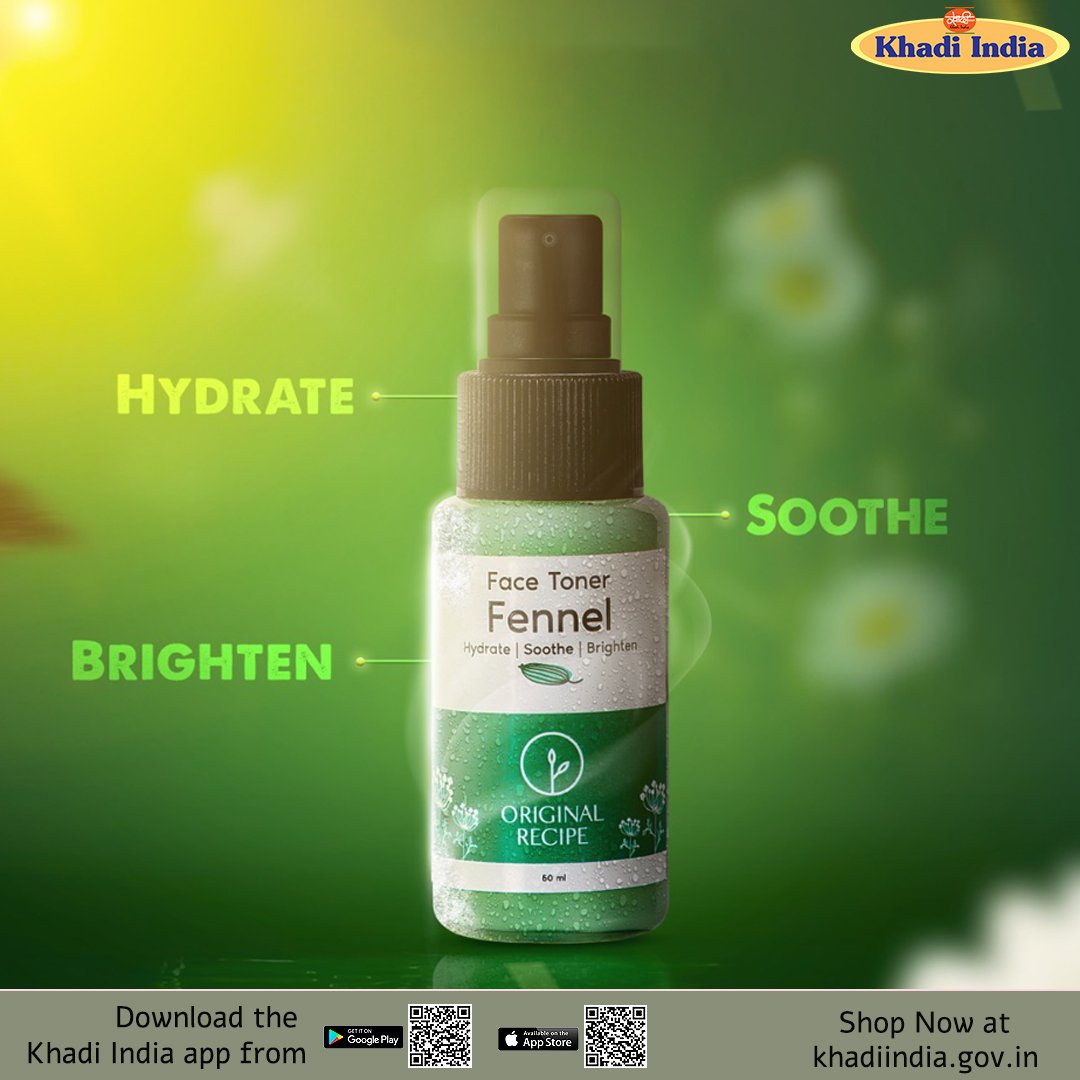 eKhadiIndia's tweet image. Face Toner Fennel-Hydrate, Soother &amp;amp; Brighten your skin. only on khadiindia.gov.in, the official online shopping website of Khadi India.
#facetoner #skincare #KVIO #KVIC  #KVICChairman #KhadiIndia