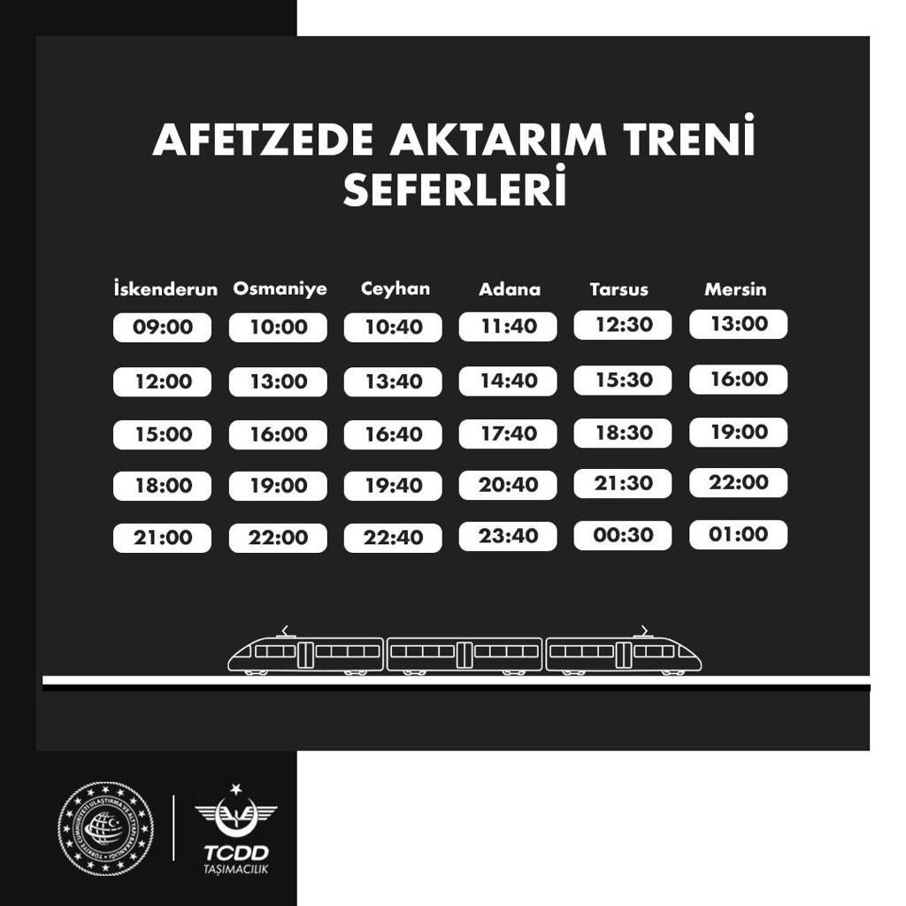 Deprem mağduru olarak Hatay, İskenderun ve Osmaniye’de bulunan vatandaşlardan Ceyhan, Adana, Tarsus ve Mersin'e seyahat etmek isteyenler için Afetzede Aktarım Trenlerimiz devam etmektedir.