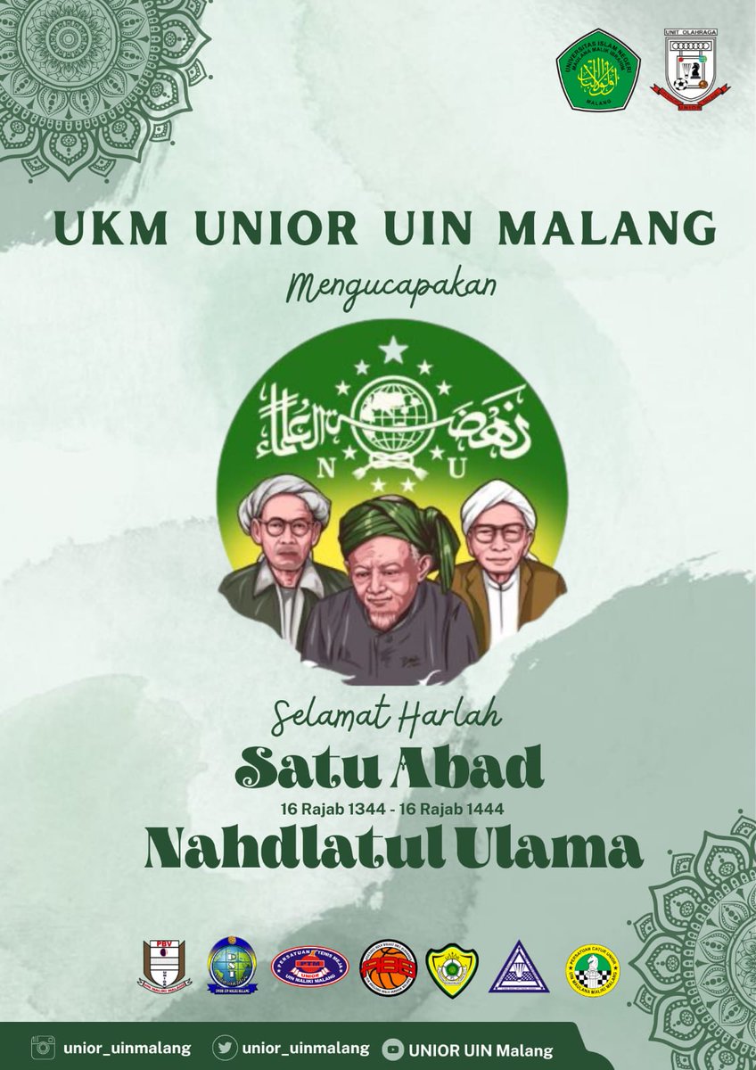 Kami segenap keluarga besar UKM UNIOR mengucapkan:

✨ Selamat Harlah Satu Abad Nahdlatul Ulama 1344 - 1444 H ✨

"Mendigdayakan Nahdlatul Ulama Menjemput Abad Kedua Menuju Kebangkitan Baru"

Semoga Nahdlatul Ulama terus memberikan kemanfataan untuk umat. Aamiin 🤲🏻
