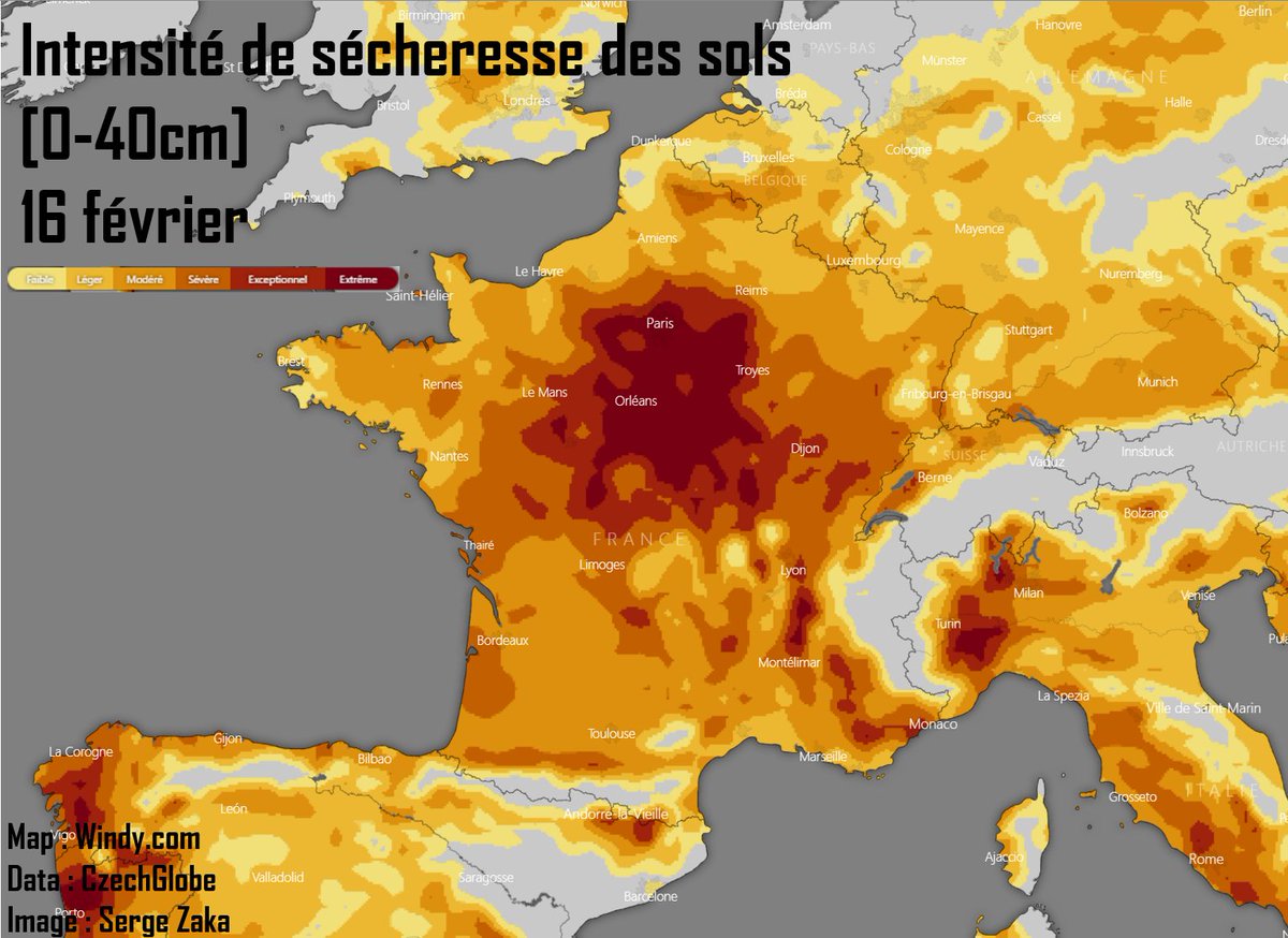 Après l'historique sécheresse 2022, l'hiver n'a pour le moment pas redressé la barre. La 🇫🇷 entame sa 4ème semaine sans pluie (sans compter au moins 10 jours supplémentaires).
La réaction est immédiate : nos sols agricoles superficiels s'assèchent déjà.
#secheresse2023
[1/2]