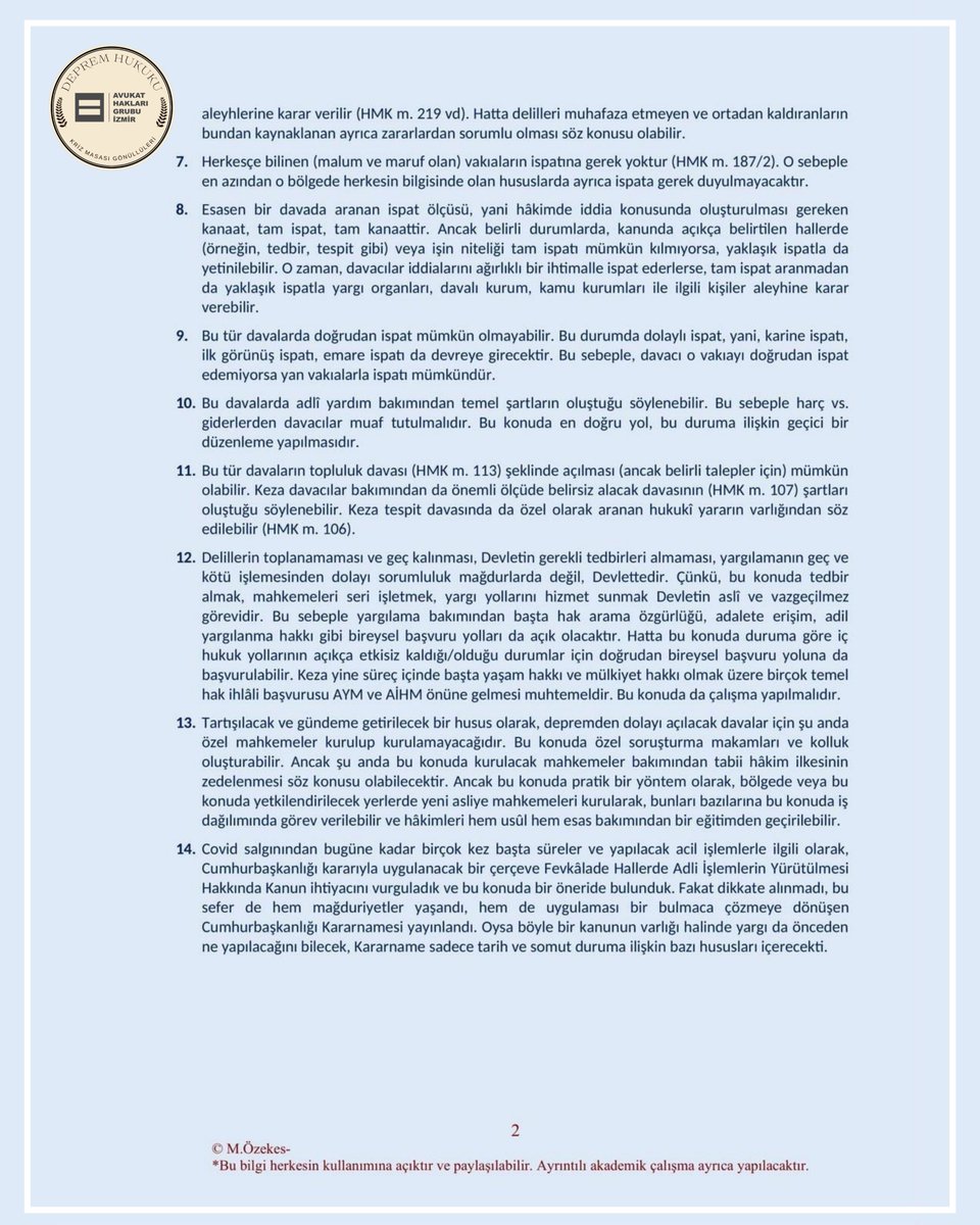 🔶AHG İzmir Deprem Hukuku Kriz Masası Gönüllülerinden Prof. Dr. Muhammet Özekes (<a href="/mozekes/">Muhammet Özekes</a>) tarafından hazırlanan "Depremle İlgili Hukuk Davalarında Temel Usûl Sorunlarına İlişkin Tespit ve Öneriler" 

🔶Bu notlar ön tespit niteliğinde olup ayrıntılı akademik çalışma yapılacaktır.