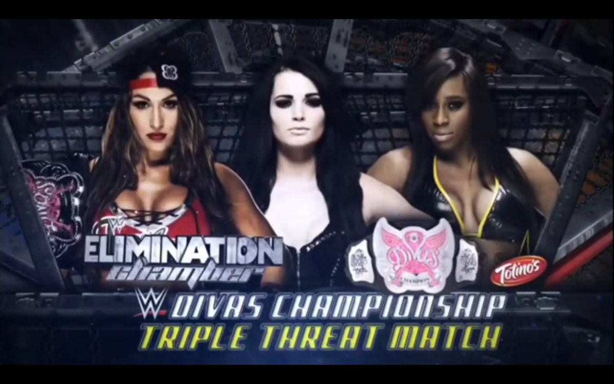 2nd match of WWE #EliminationChamber 2015
Triple threat Divas championship match 
Nikki bella Vs paige  vs @NaomiWWE https://t.co/9GwLj7rjfp