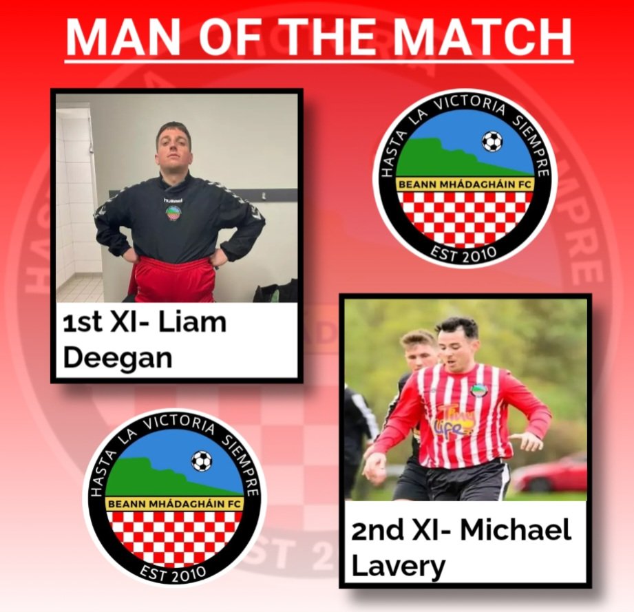 Saturdays results;

BMFC 3-0 Ahoghill Thistle FC
MOTM - Liam Deegan

St Teresas II 1-7 BMFC II
MOTM - Michael Lavery

BMFC III 3-2 St Marys III
MOTM - Colin Downey

#Hasta 🔴⚪️🔴