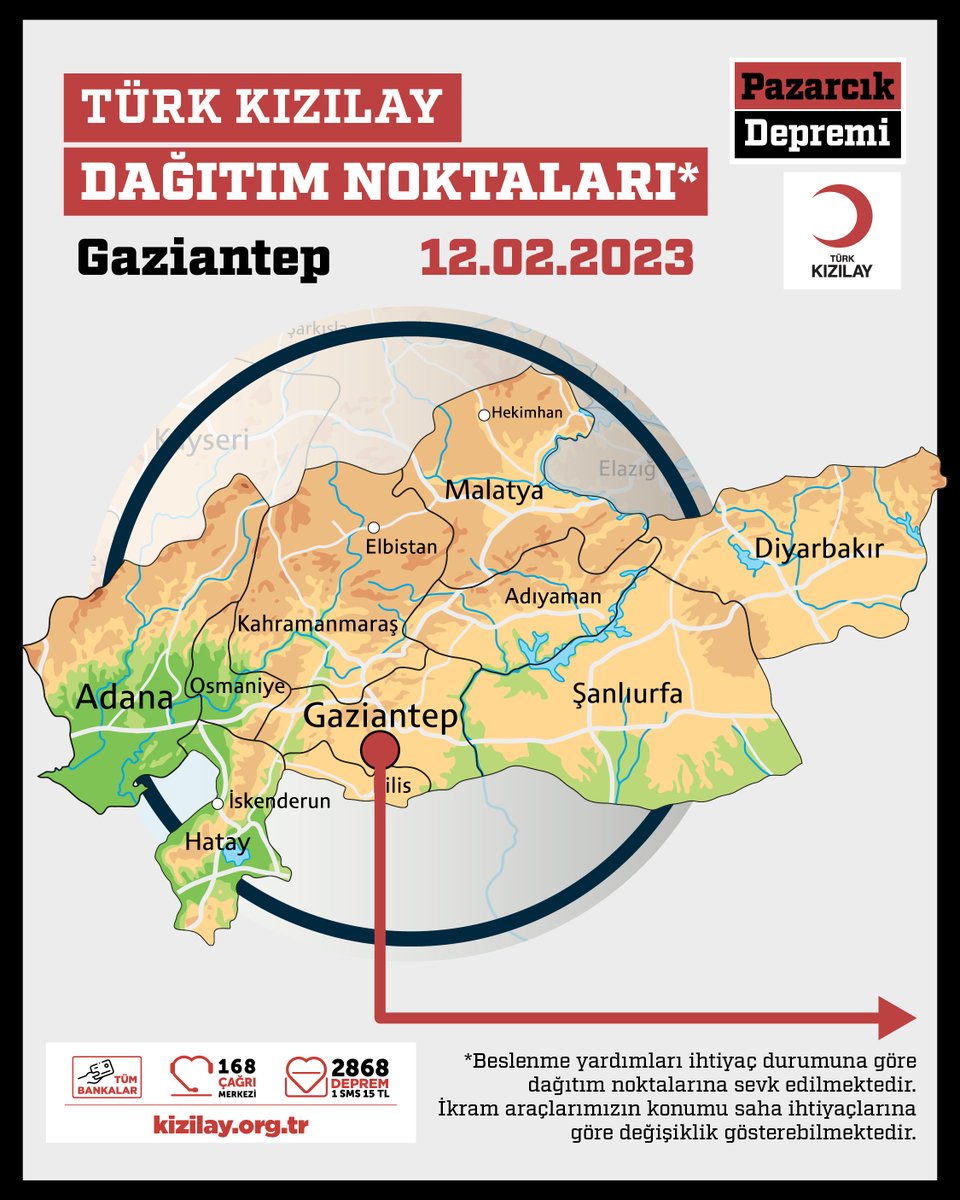 Kizilay's tweet photo. 🟥 DAĞITIM NOKTALARIMIZ
📍 Gaziantep
📆 12.02.2023 Pazar https://t.co/kh55UZWxnF