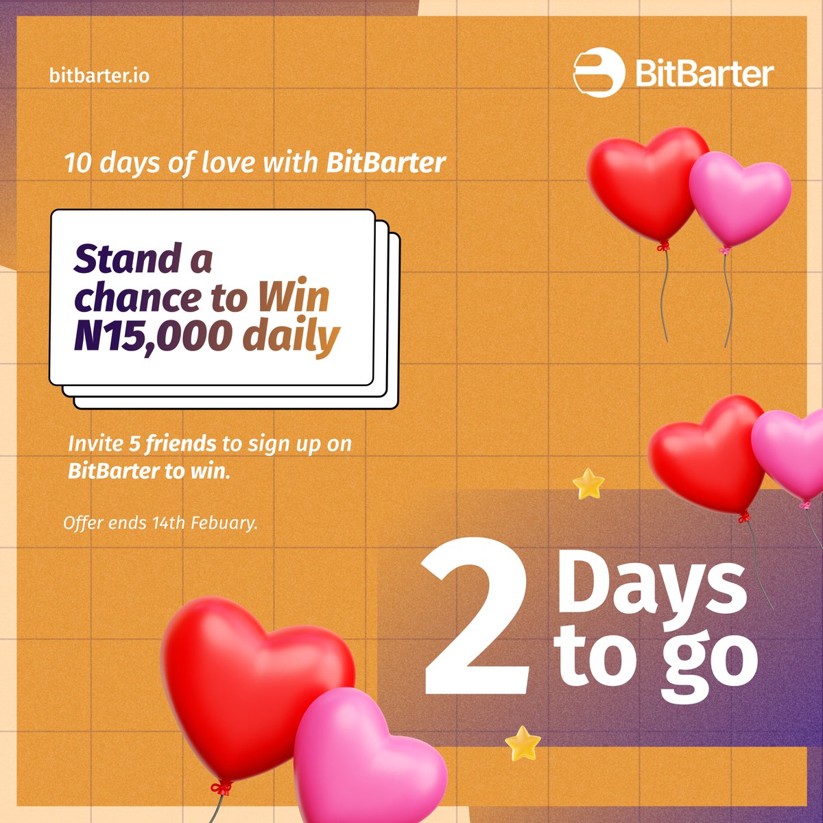TheBitbarter's tweet photo. It’s 2 days to the grand finale!🤩
The love is brimming. And you still have a chance to get in.
Start here: https://t.co/MncVo8CLxi
#BitBarter #10daysoflove https://t.co/3BTKrm229X
