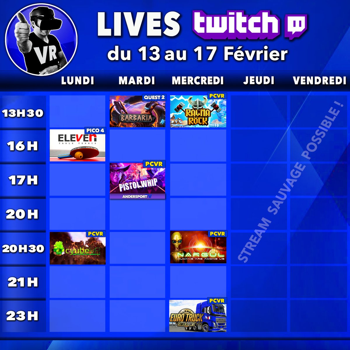 virtualgo34's tweet photo. ⏰ PLANNING du 13 au 17 Février
👉 N'hésite pas à T'ABONNER 😉
🔴 Mes réseaux : https://t.co/7Fa3N7J5zX
#VirtualReality #RéalitéVirtuelle #Twitch #Twitchfr #Youtube #Pico4 #MetaQuest2 #ValveIndex
#ElevenTableTennis #CyubeVR #BarbariaVR #RagnarockVR #PistolWhip #Ets2VR #nargulvr https://t.co/ATYZECHrII