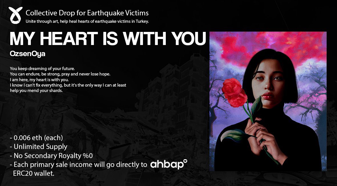 Good Morning Friends🆘

We have collected 3.948 ETH worth of donations so far👏🏻

You can still support this drop we created to help #earthquake victims♥️

30 Artists 30 Artworks and only 0.006 ETH✨

All donations are automatically sent to <a href="/ahbap/">Ahbap</a> 🫂

Link Below🫶