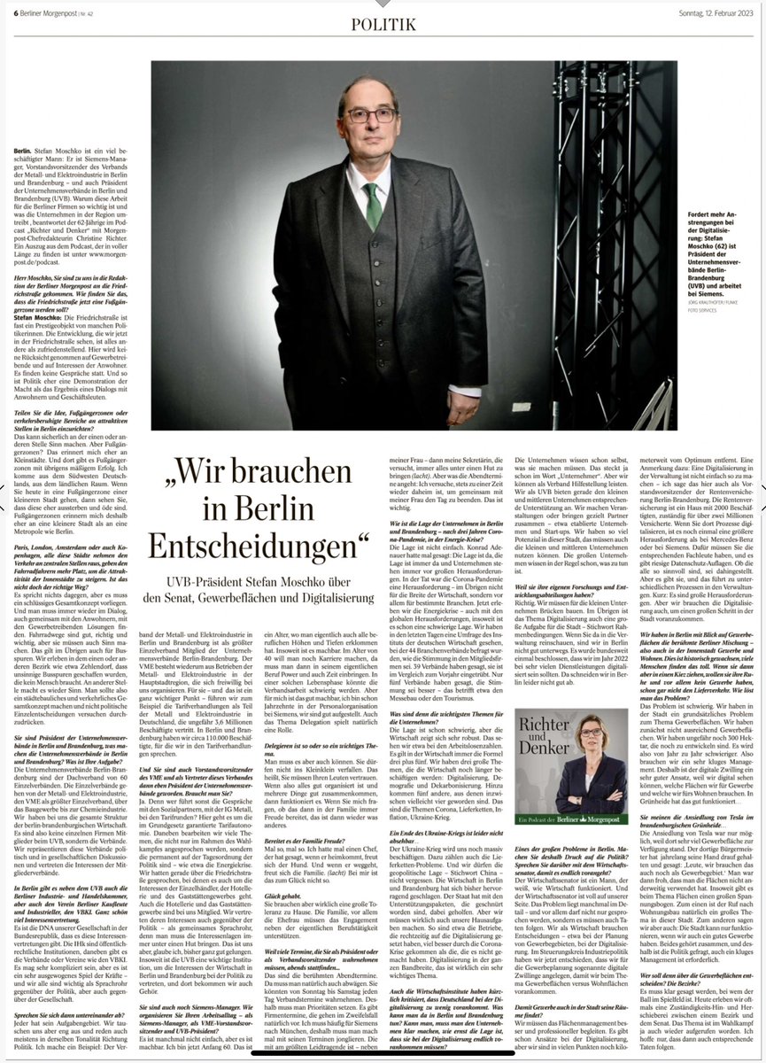 Warum #Berlin Entscheidungen braucht - und eine starke Wirtschaft. UVB-Präsident @StefanMoschko im @Morgenpost -Interview mit <a href="/chr1richter/">Christine Richter</a> zu #BerlinWahlen2023 morgenpost.de/podcast/richte…