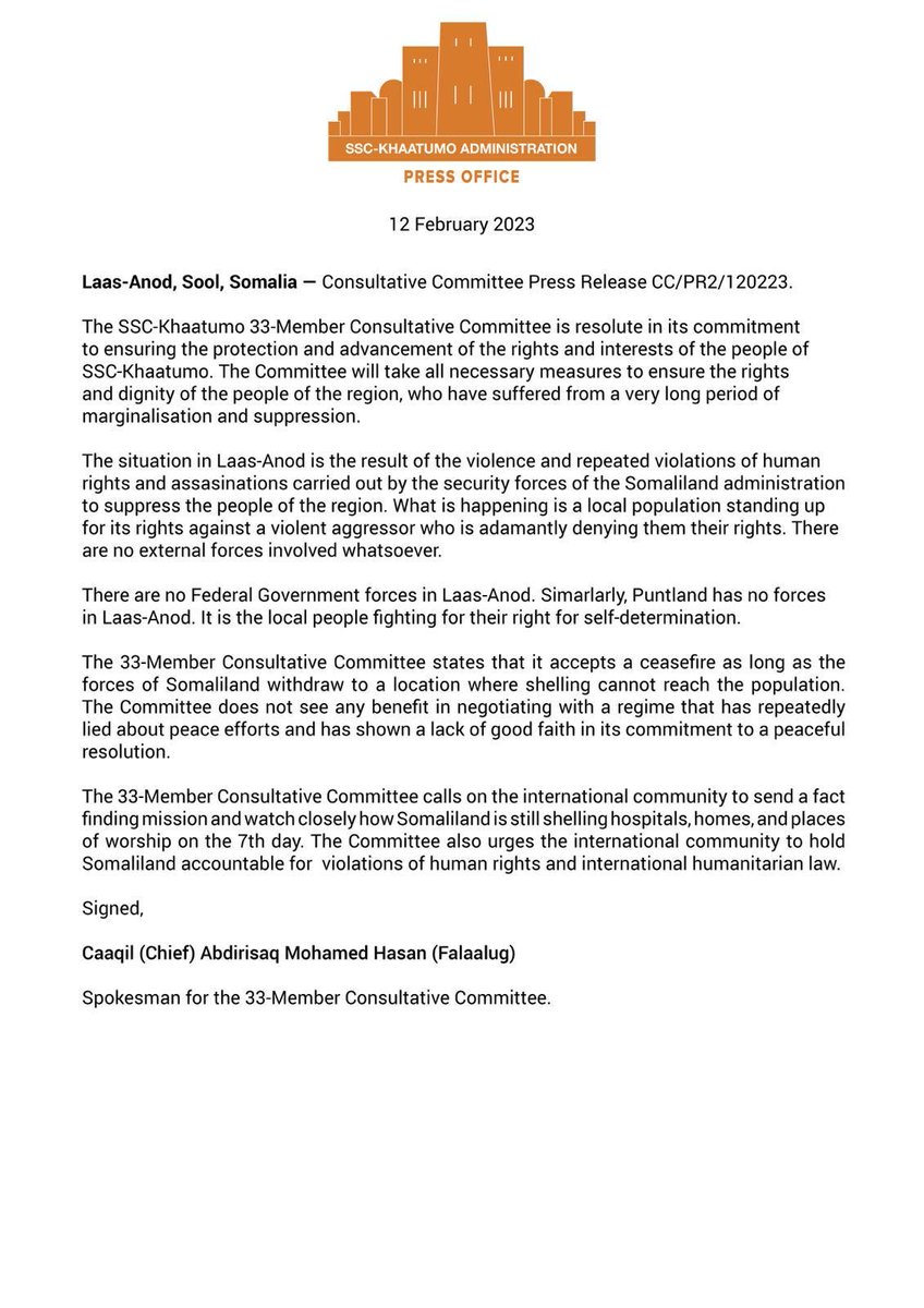 GaraadMukhtaar's tweet photo. Press Release SSC- Khatumo. https://t.co/Bg7VUTsayE