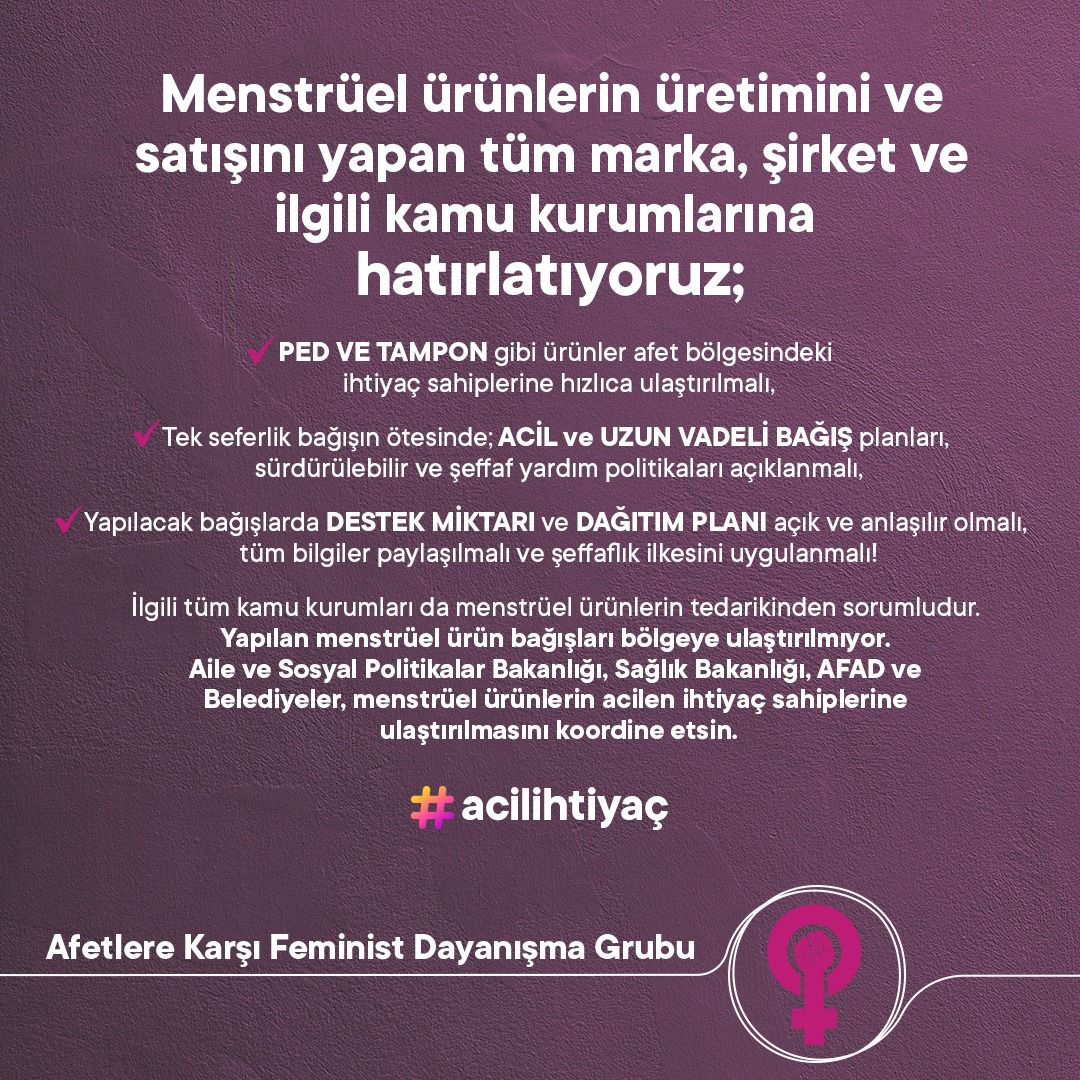 FeministBellek's tweet photo. Firmalardan ve görevli kurumlardan acilen temizlik ve hijyen ürünleri için uzun vadeli ve şeffaf  planlar açıklamasını bekliyoruz!
#acilihtiyaç

@orkid @molpedturkiye @KotexTurkiye @UnileverTurkiye @pgturkiye @tcailesosyal
@saglikbakanligi @AFADBaskanlik 
@Kizilay @GratisTr https://t.co/Xs29oadHoT