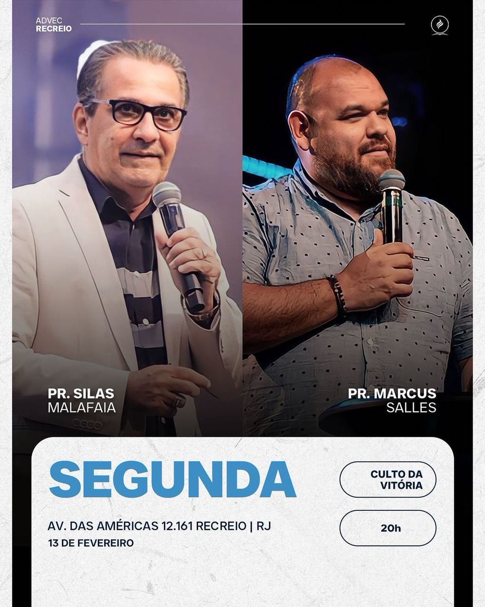 Povo abençoado do Recreio, amanhã, dia 13, eu vou pregar no Culto da Vitória da ADVEC Recreio, às 20h. Louvor com o Pr. Marcus Salles.

Participe e convide sua família e seus amigos!

Endereço: Av. das Américas, 12.161, Recreio (RJ)