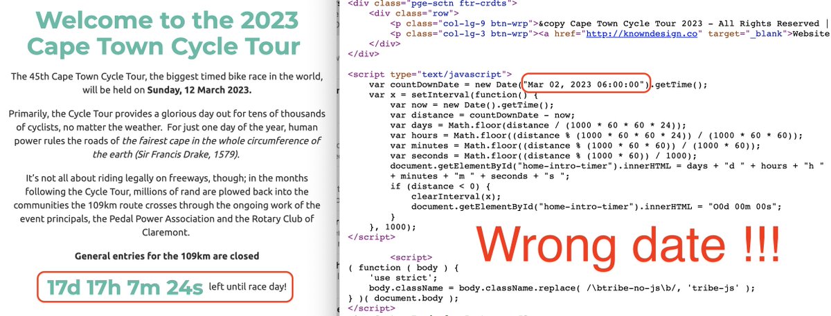 Massive #FAIL ... <a href="/CTCycleTour/">Cape Town Cycle Tour</a>  home page getting the countdown/date wrong