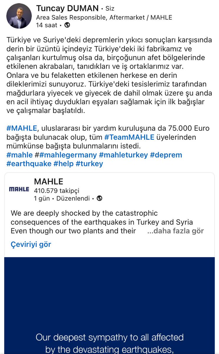 #mahlegermany #mahlegroup #mahleturkey #deprem #earthquake #earthquakeinturkey #HelpTurkey #help #teamMahle #MAHLE