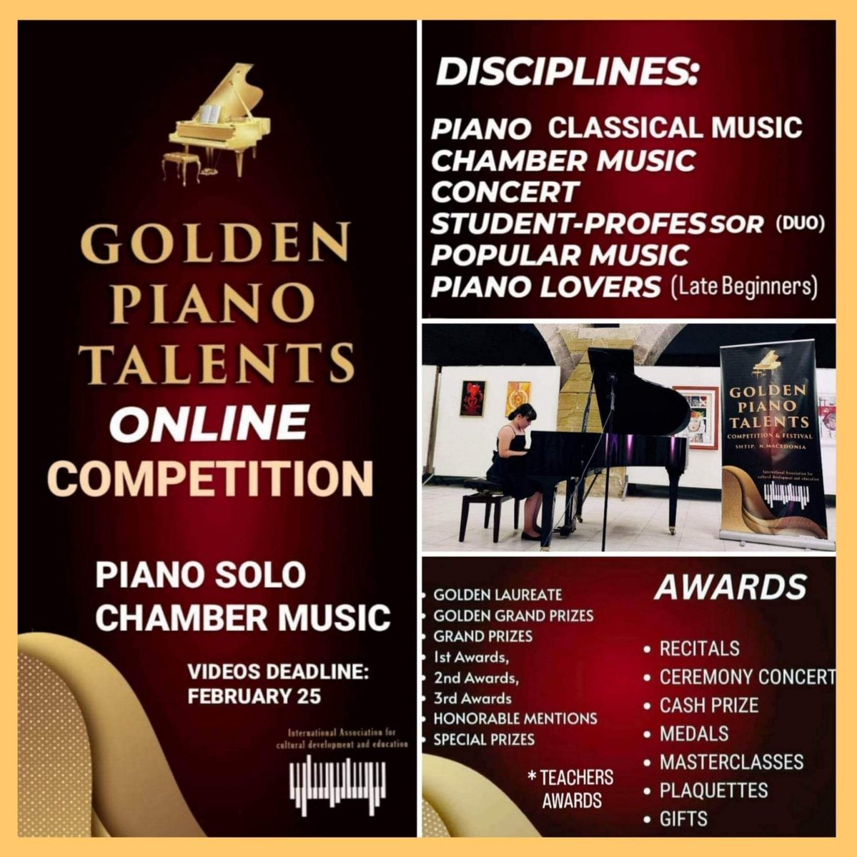 Welcome to GOLDEN PIANO TALENTS COMPETITION 
✅Deadline for videos: February 25
✅Rules & application form:
icmusiccompetitions.com/2nd-golden-pia… 
#onlinepianocompetition  #pianocompetition #onlinemusiccompetion #chambermusic #musiccompetition #piano #pianists #pianoteachers