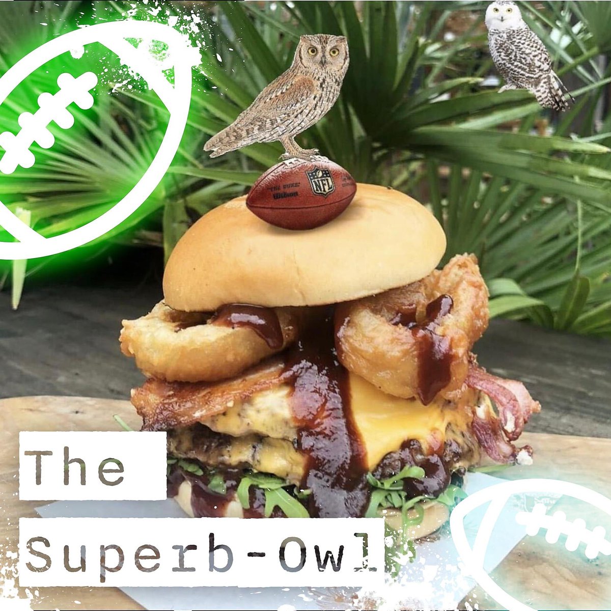 The Superb-Owl, an all American burger extravaganza in honour of the Super Bowl, only available TODAY!

Double beef patty, double American cheese, oak smoked bacon, onion rings, rocket and BBQ sauce 🗽

🏈 taking walk ins all day where we can and our kitchen is open until 8.45pm!