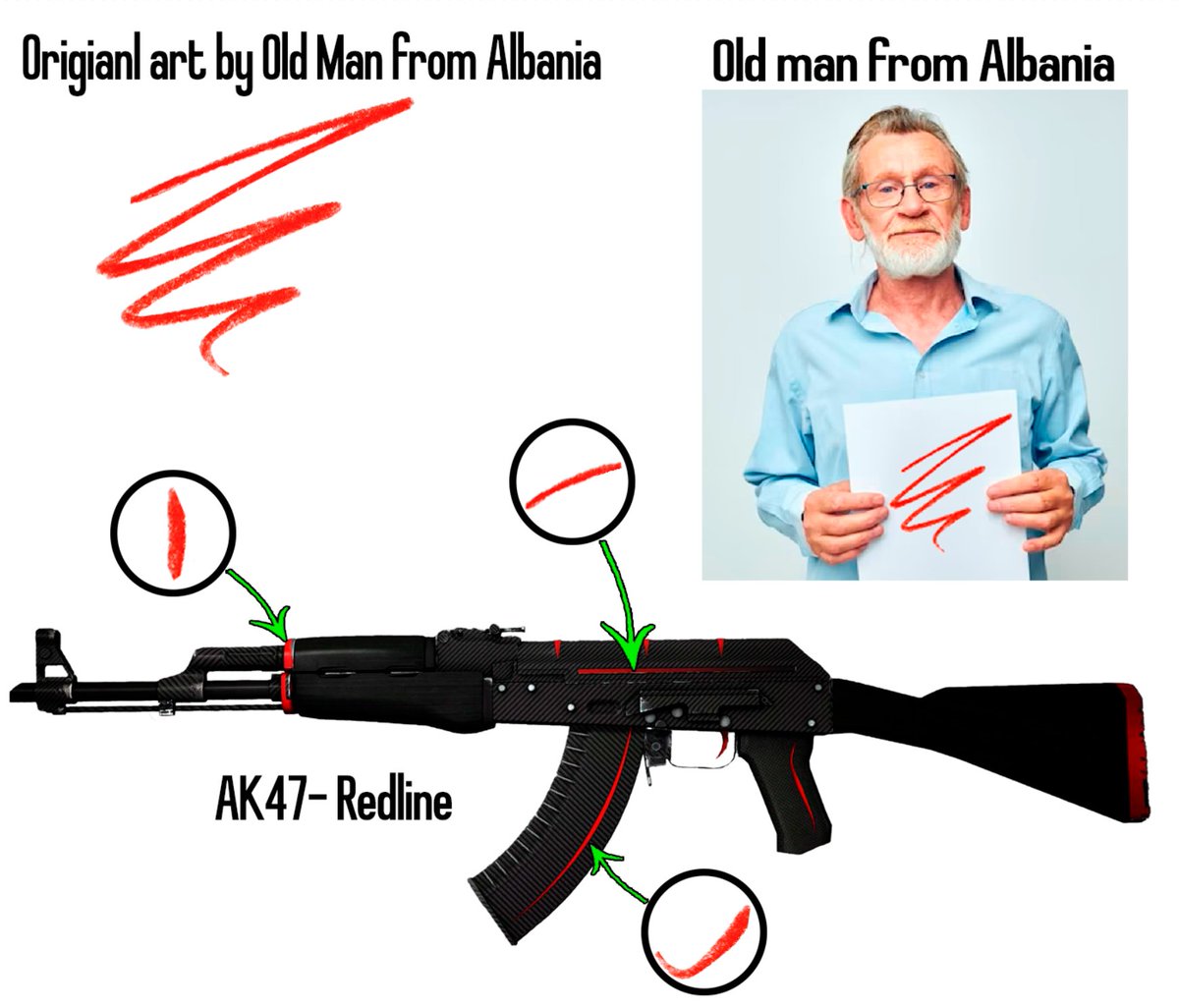 craftmeistercs's tweet image. 🚨MORE SKIN DRAMA🚨
Old man from Albania claims the artwork for CSGO skin "AK- Redline" was stolen from his drawing of a bunch of red scribbles originally created in 2010 when he was checking is his pen was out of ink. Skin is set to become Contraband next week👀‼️