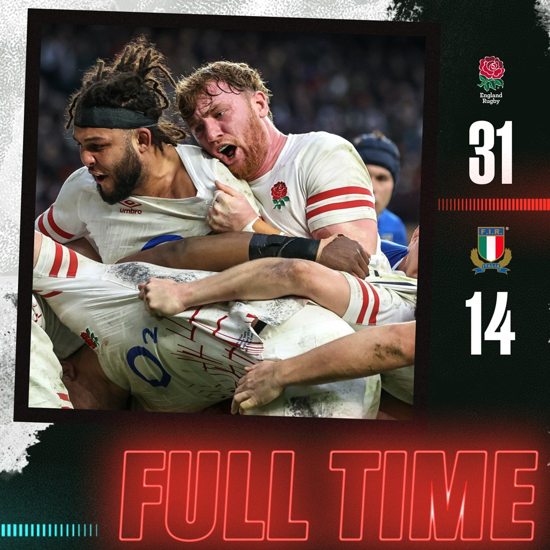 EnglandRugby's tweet photo. 𝐅𝐔𝐋𝐋-𝐓𝐈𝐌𝐄 🌹

It's all over as England seal a bonus-point victory over Italy.

#ENGvITA https://t.co/lw78jPJDeh