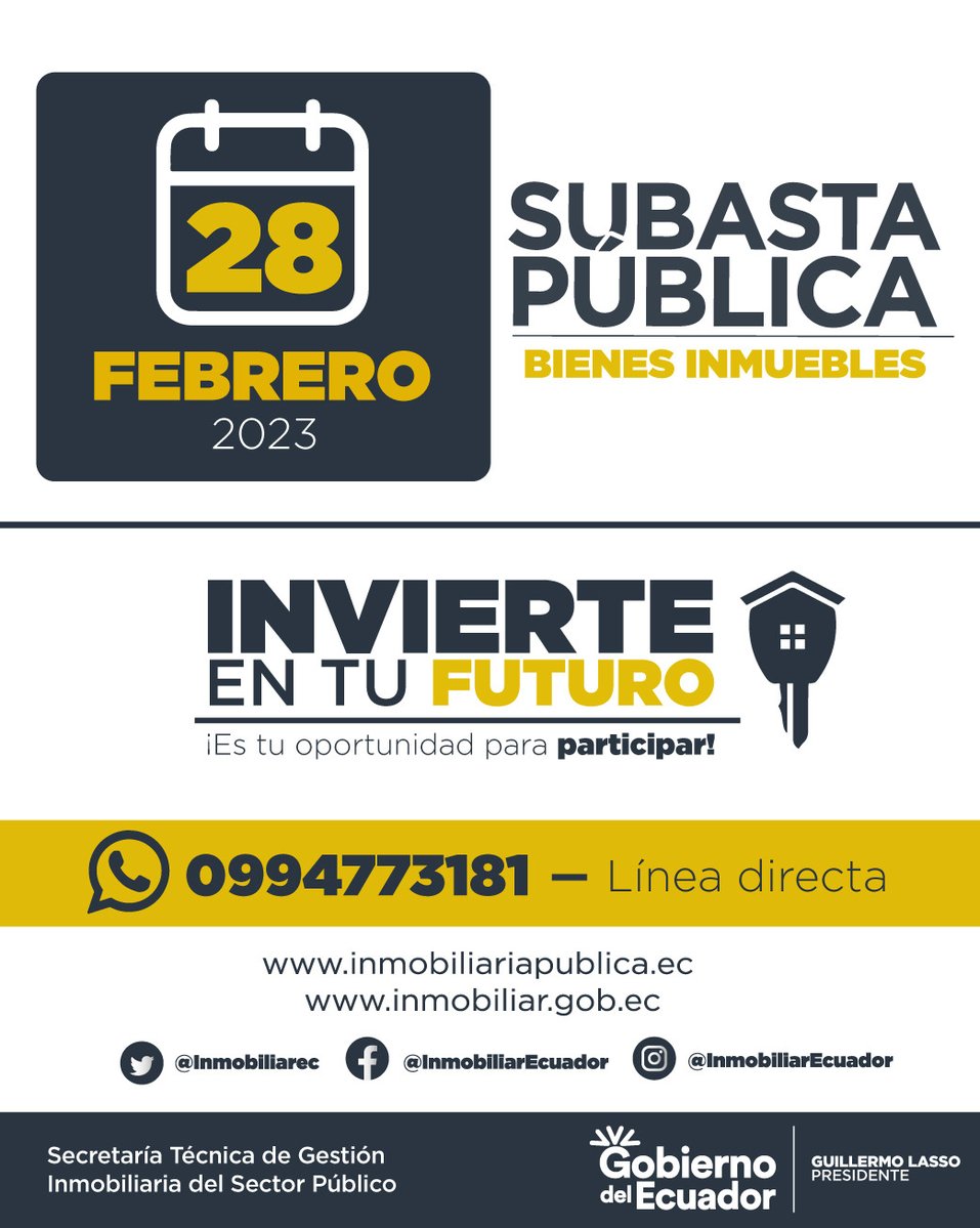 inmobiliarec's tweet photo. ¡No te quedes sin participar!

El 28 de febrero, #Inmobiliar realizará la #SubastaPública2023 de Bienes Inmuebles. Contamos con un catálogo variado de propiedades. 🏡🏢

Chatea con nosotros en nuestra línea directa de #WhatsApp. 👇

📲 https://t.co/Sp35CDBI4s https://t.co/dLNhKTCH4E