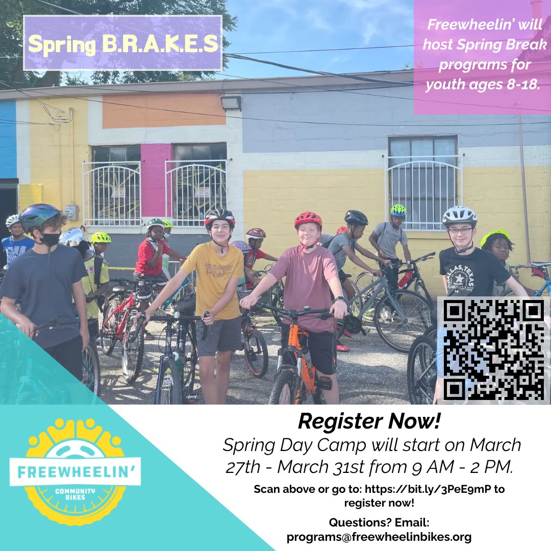 FWCBikes's tweet image. Register now for Spring BRAKES here: (bit.ly/3H7OVYi). Spring B.R.A.K.E.S will start from March 27th - March 31st for youth aged 8-18. We hope to see you there for more Spring memories! #freewheelinbikes #indy #springbreaks