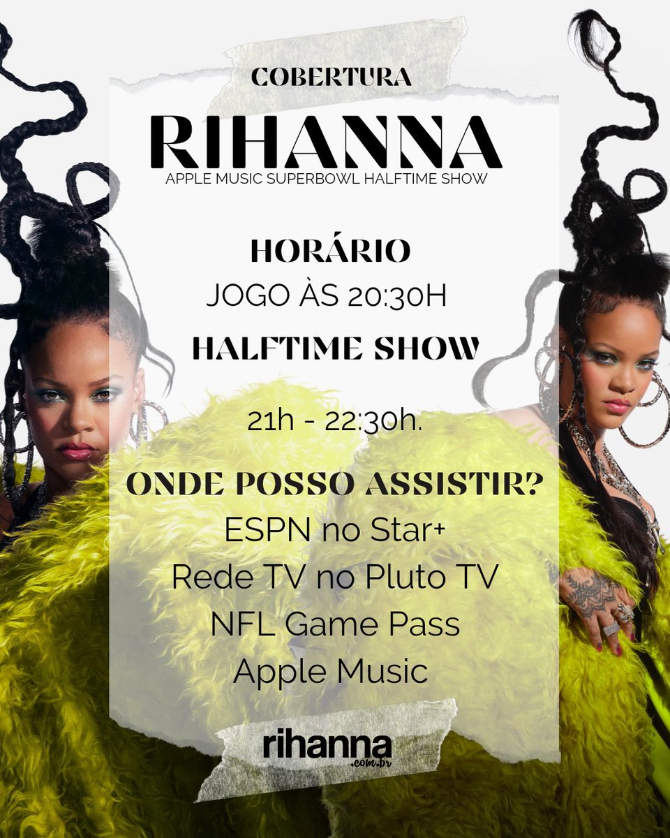 RihannaNoBrasil's tweet photo. 🚨⚠️🏈 O início da partida está previsto para 20:30h no horário Brasília. 

E atenção, o #HalftimeShow de Rihanna deve acontecer entre 21h - 22h30min, tudo vai depender de como será os dois primeiros quartos! 🏈🚨⚠️ 

#SuperBowl  #Rihanna    #TeamFenty #FentyBowl #RiRi https://t.co/55d6x9FrBp