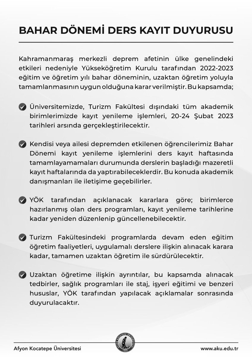 TurizmAku's tweet photo. Değerli öğrencilerimiz, 
Fakültemizdeki programlarda devam eden eğitim öğretim faaliyetleri, uygulamalı derslere ilişkin alınacak karara kadar tamamen uzaktan öğretim ile sürdürülecektir. https://t.co/7NtlmZ6bUX