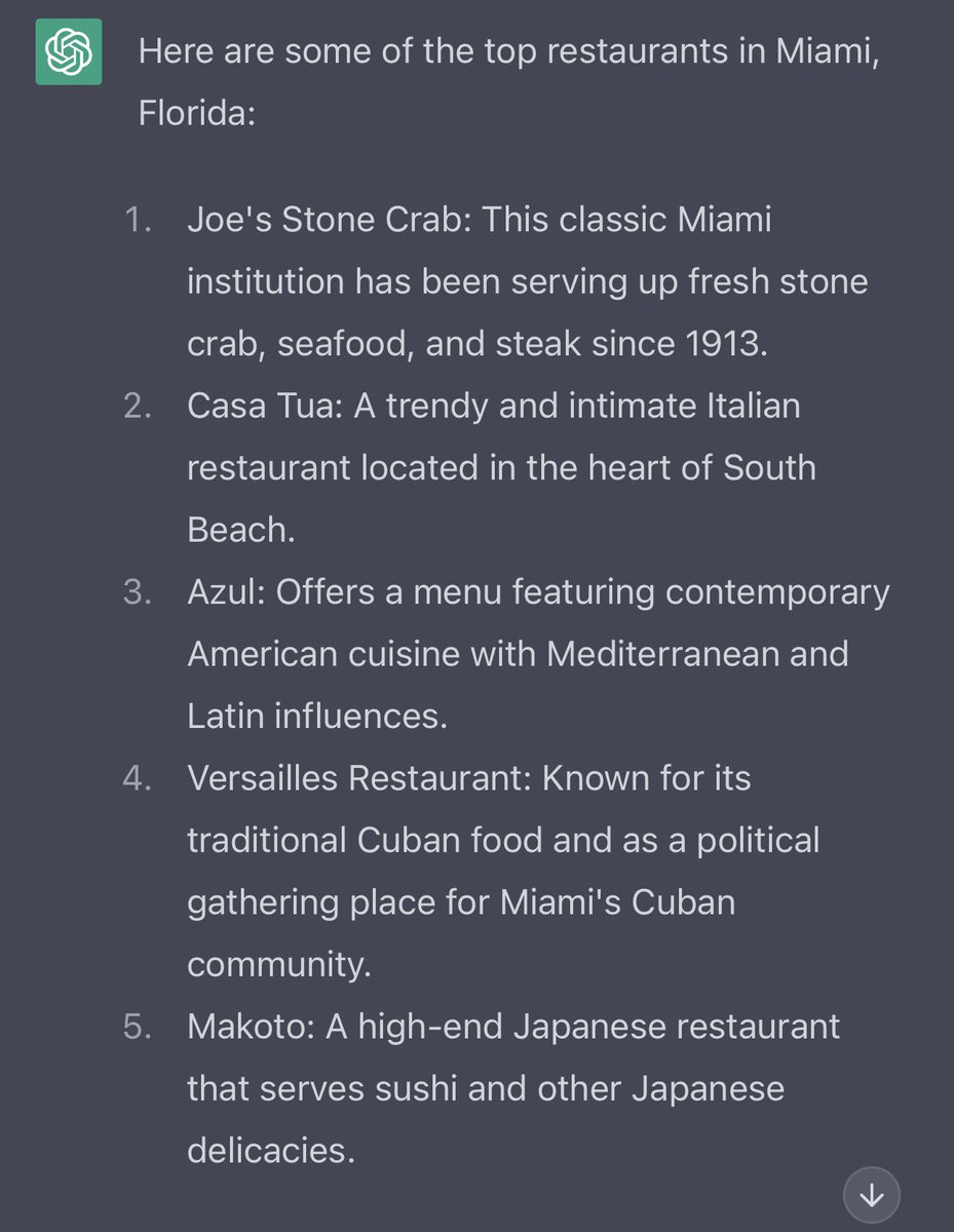 josefelixdiaz's tweet photo. I asked ChatGPT what were the top five restaurants in Miami and here are it’s answers. #MiamiFoodies what do you think? #MiamiRestaurants #TopRestaurants https://t.co/MUQhmdMedL