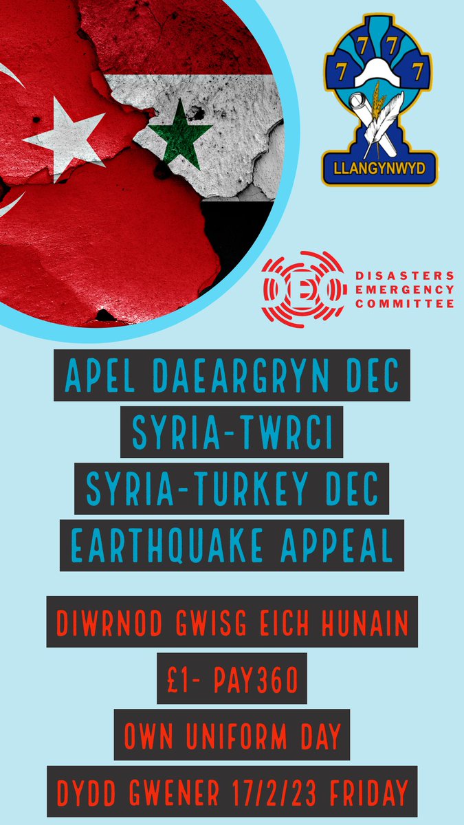 yggllangynwyd's tweet photo. Wythnos C yr wythnos i ddod gyda thema Codi Llais wedi newid i fod yn edrych ar Trychineb mae'r deaergryn yn Nhwrci ac Syria wedi achosi. Bydd dysgwyr yn trafod yn adeg cofrestru materion yn ymwneud â'r digwyddiad. Diwrnod gwisg eu hunain i godi arian i apel DEC 17/2/23
#TîmLlan https://t.co/3iOarzGAI3