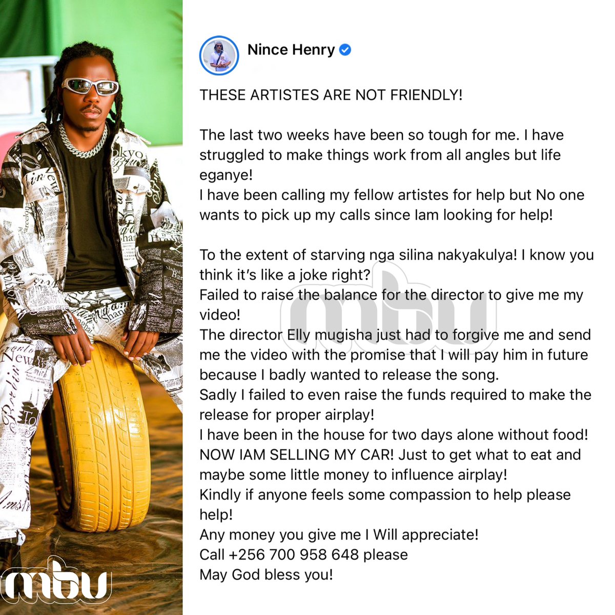 Singer Nince Henry cries out about life’s struggles.

“I have been in my house for two days without food! Now I am selling my car just to get what to eat…”
